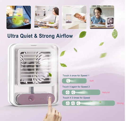 Portable compact desk fan with mist spray and LED night light.