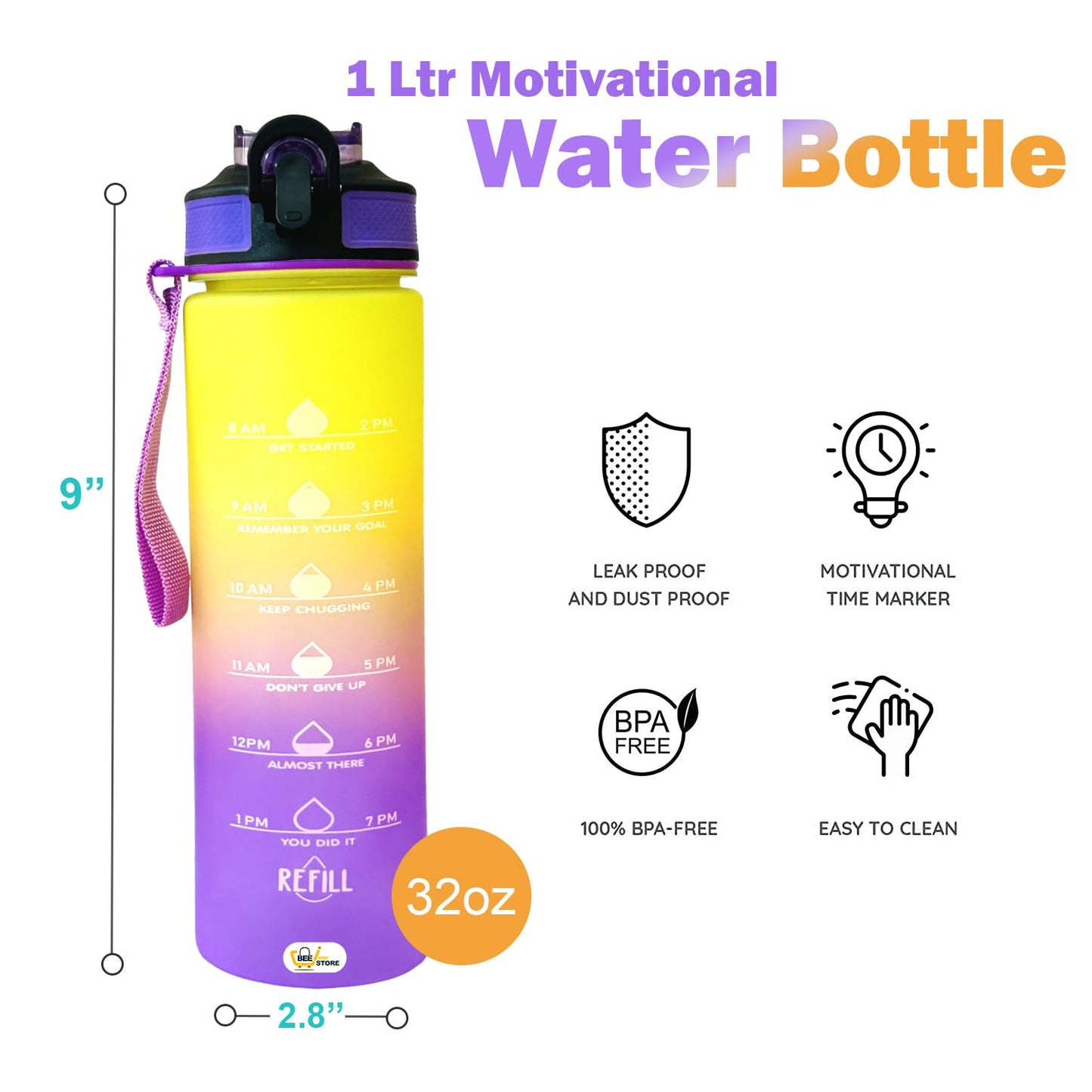 BEEISTORE Water Bottle 1 Litre with Time Marker 32Oz