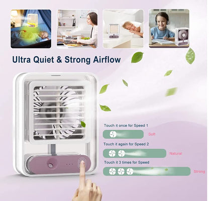 Portable compact desk fan with mist spray and LED night light.
