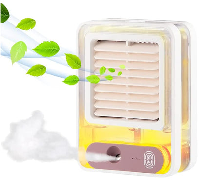 Portable compact desk fan with mist spray and LED night light.