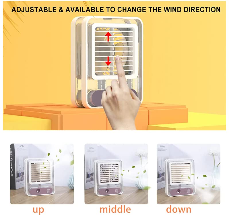 Portable compact desk fan with mist spray and LED night light.