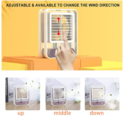 Portable compact desk fan with mist spray and LED night light.