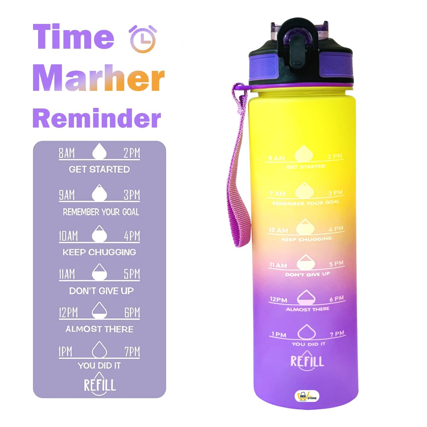 BEEISTORE Water Bottle 1 Litre with Time Marker 32Oz