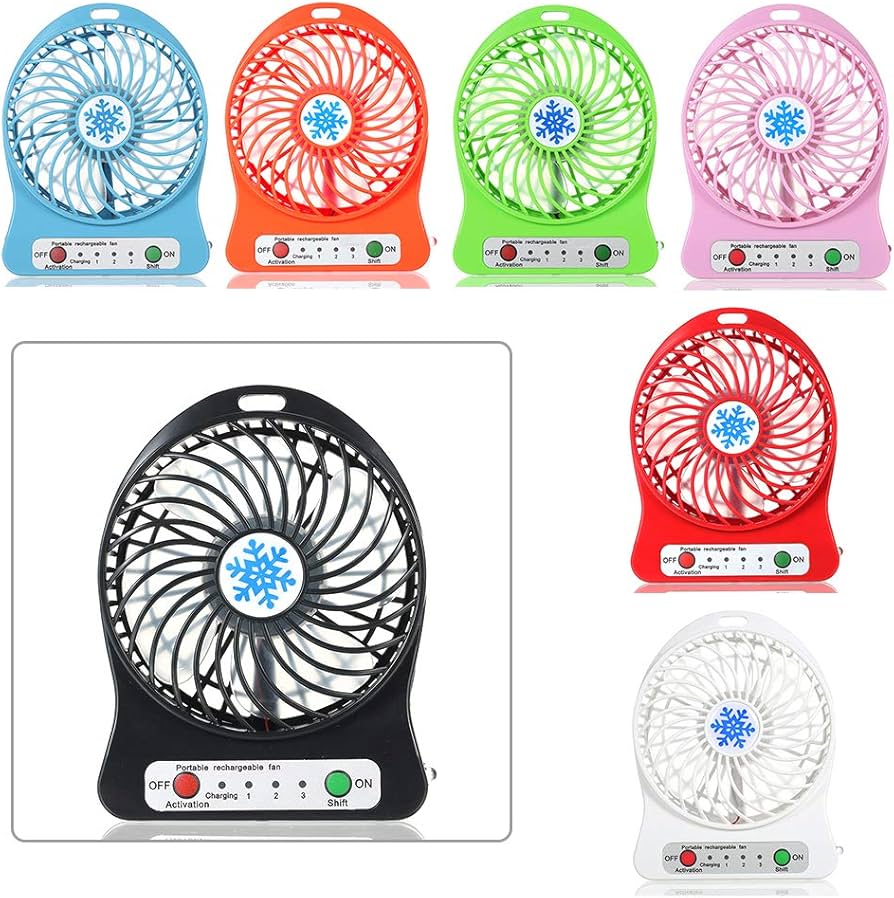 Mini Electric Portable Rechargeable Desktop Battery Fan and USB Charge Cable, Multicolored
