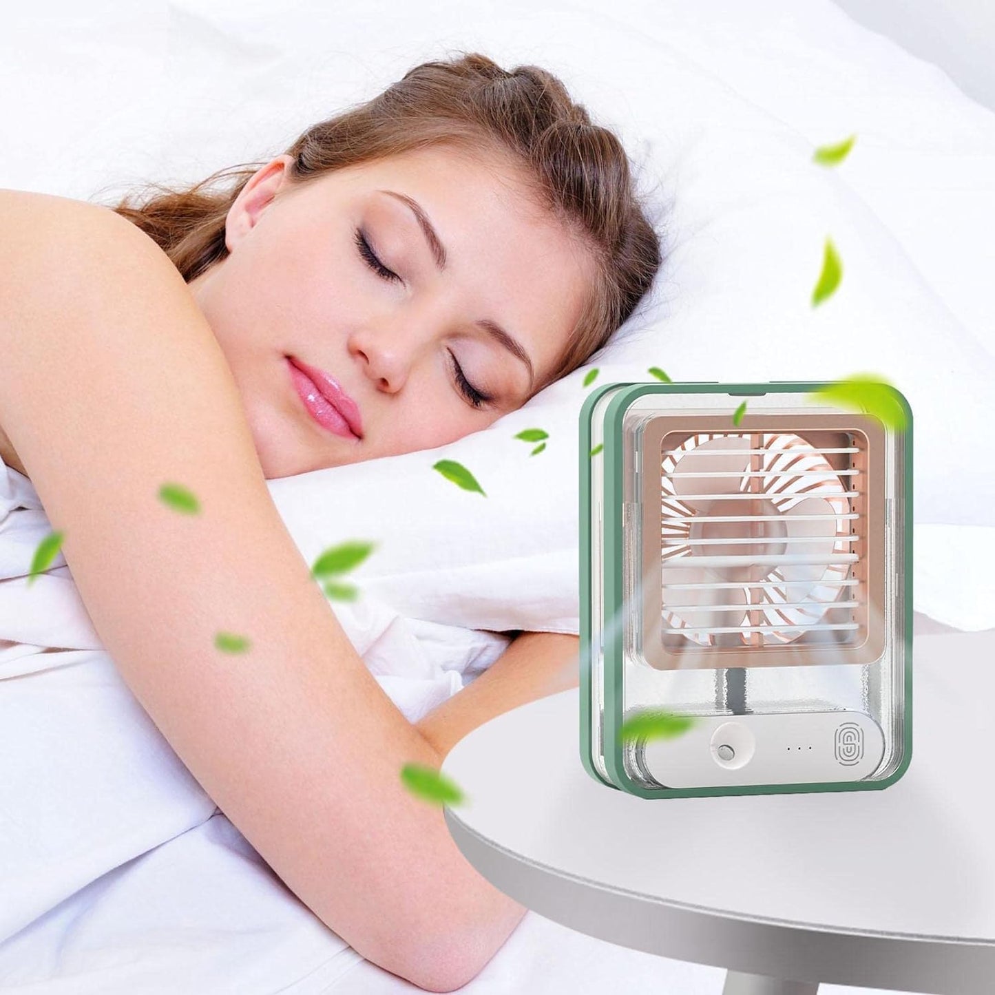 Portable compact desk fan with mist spray and LED night light.