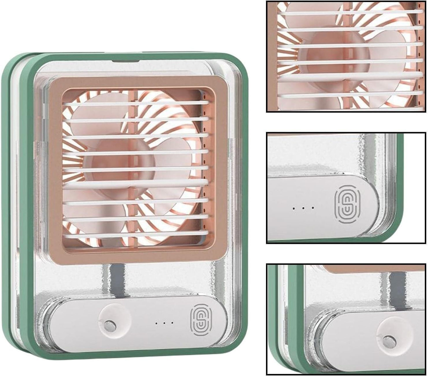 Portable compact desk fan with mist spray and LED night light.