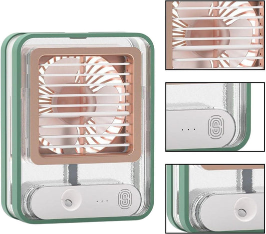 Portable compact desk fan with mist spray and LED night light.
